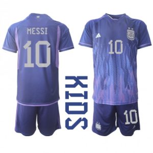 Lionel Messi #10 Argentina Udebanesæt Børn VM 2022 lilla Kort ærmer + korte bukser