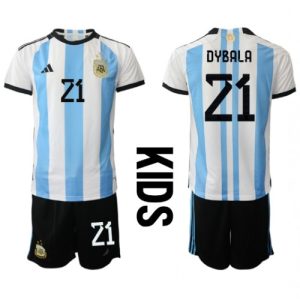 Paulo Dybala #21 Argentina Hjemmebanesæt Børn VM 2022 Kort ærmer + korte bukser