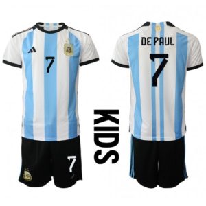 Rodrigo de Paul #7 Argentina Hjemmebanesæt Børn VM 2022 Kort ærmer + korte bukser